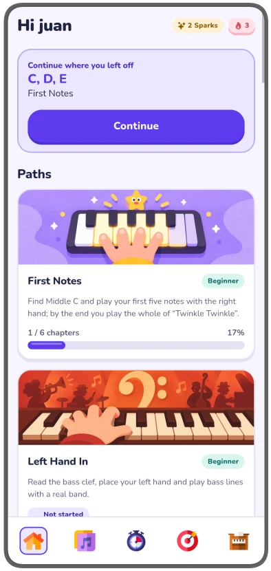 Inicio de Pianino con lecciones y recorridos de aprendizaje