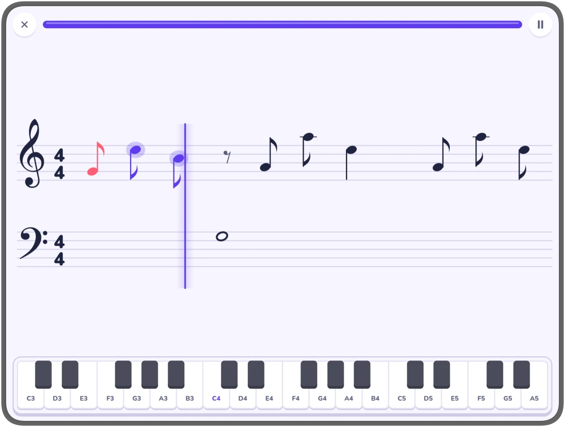 Práctica de piano con partitura, notas y teclado en tiempo real